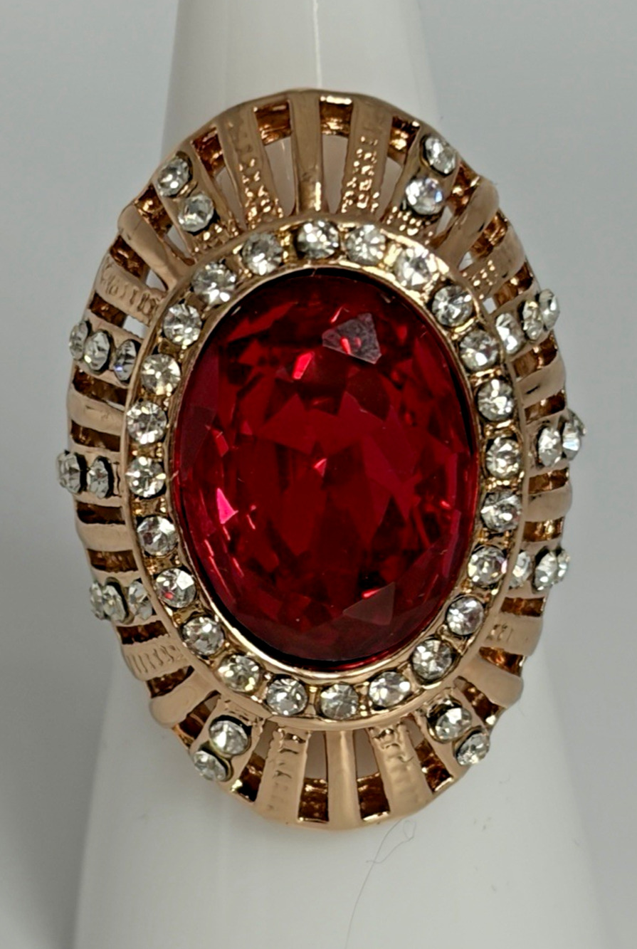 Vintage Ornate Multistone Gold Tone Red Stone CZ Fabulous Ring 7